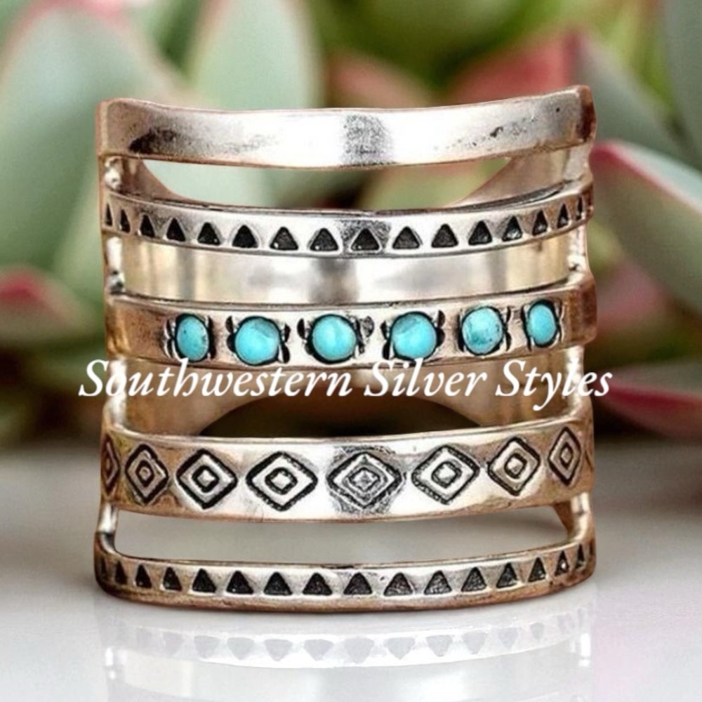 NEW Southwestern Tribal Boho .925 Turquoise Howlite Stones Women’s Size 8 Ring